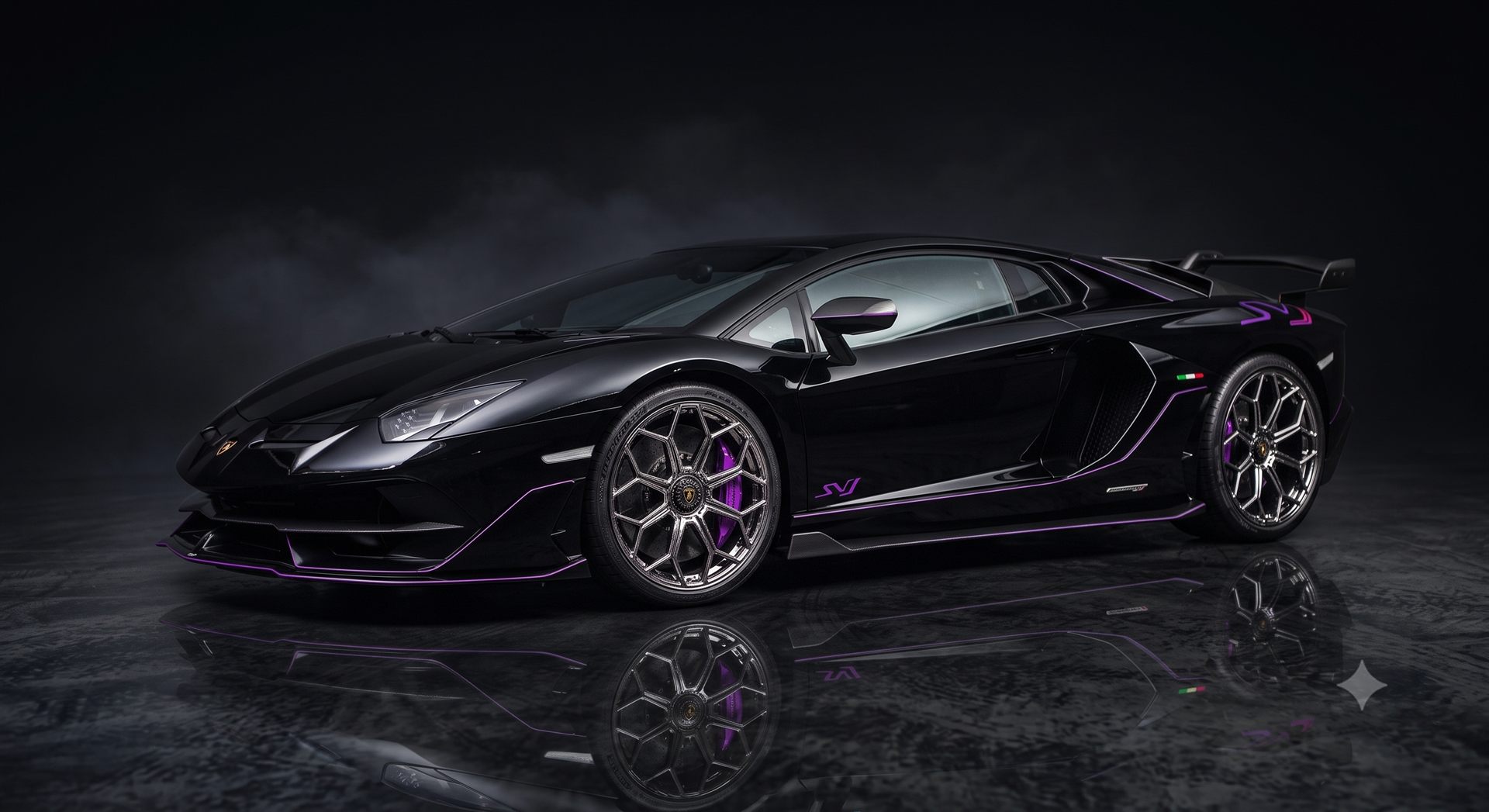 Black supercar with purple accents shining on a dark studio floor